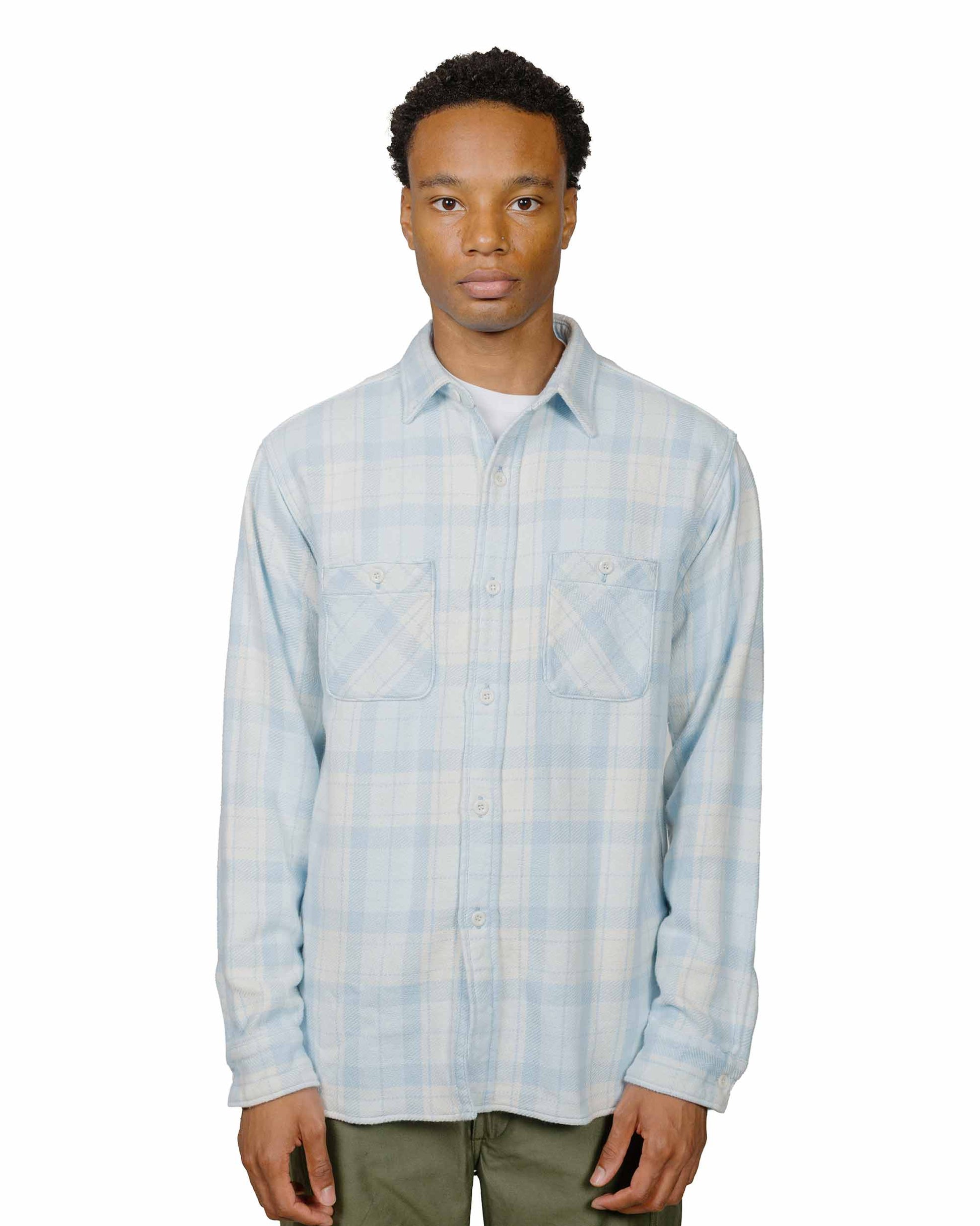 lost & found The Real McCoy's The Real McCoy's MS24007 8HU Block Check Summer Flannel Shirt Light Blue