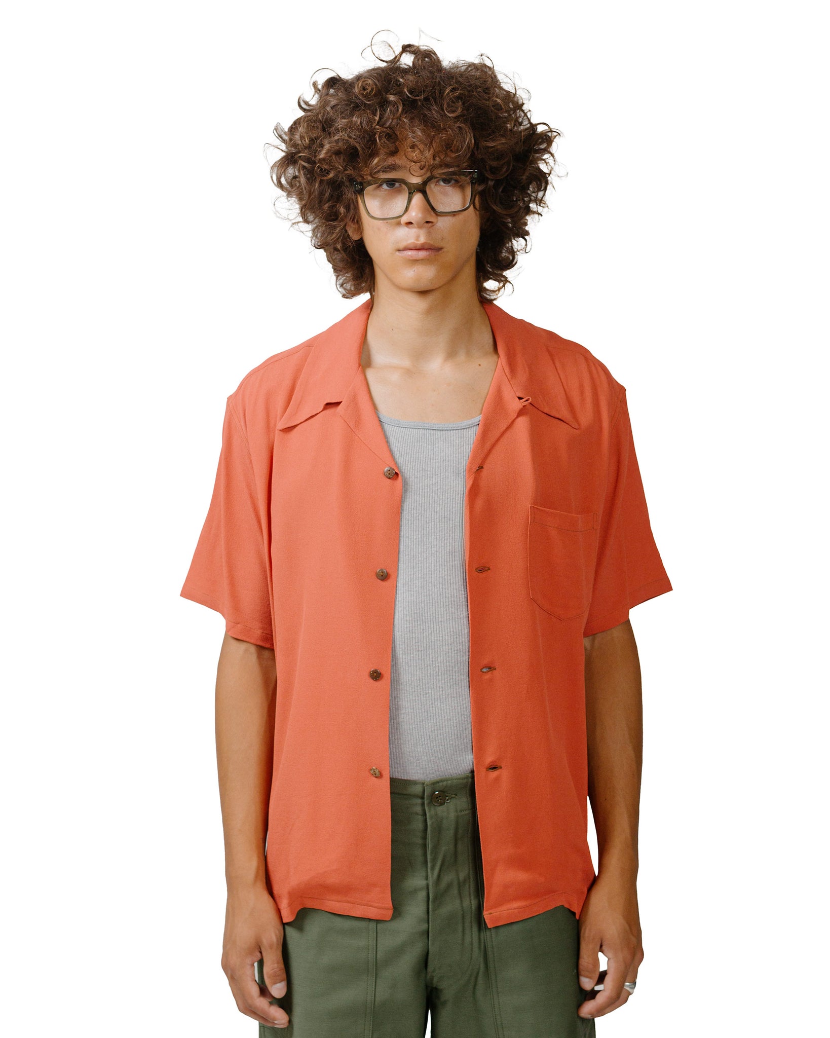 The Real McCoy's MS24008 Silk Rayon Open Collar Shirt Orange model front