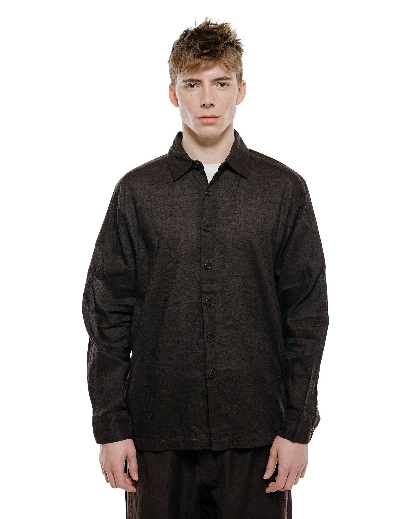 lost & found evan kinori evan kinori Flat Hem Shirt Linen/Cotton Summercloth Brown/Navy