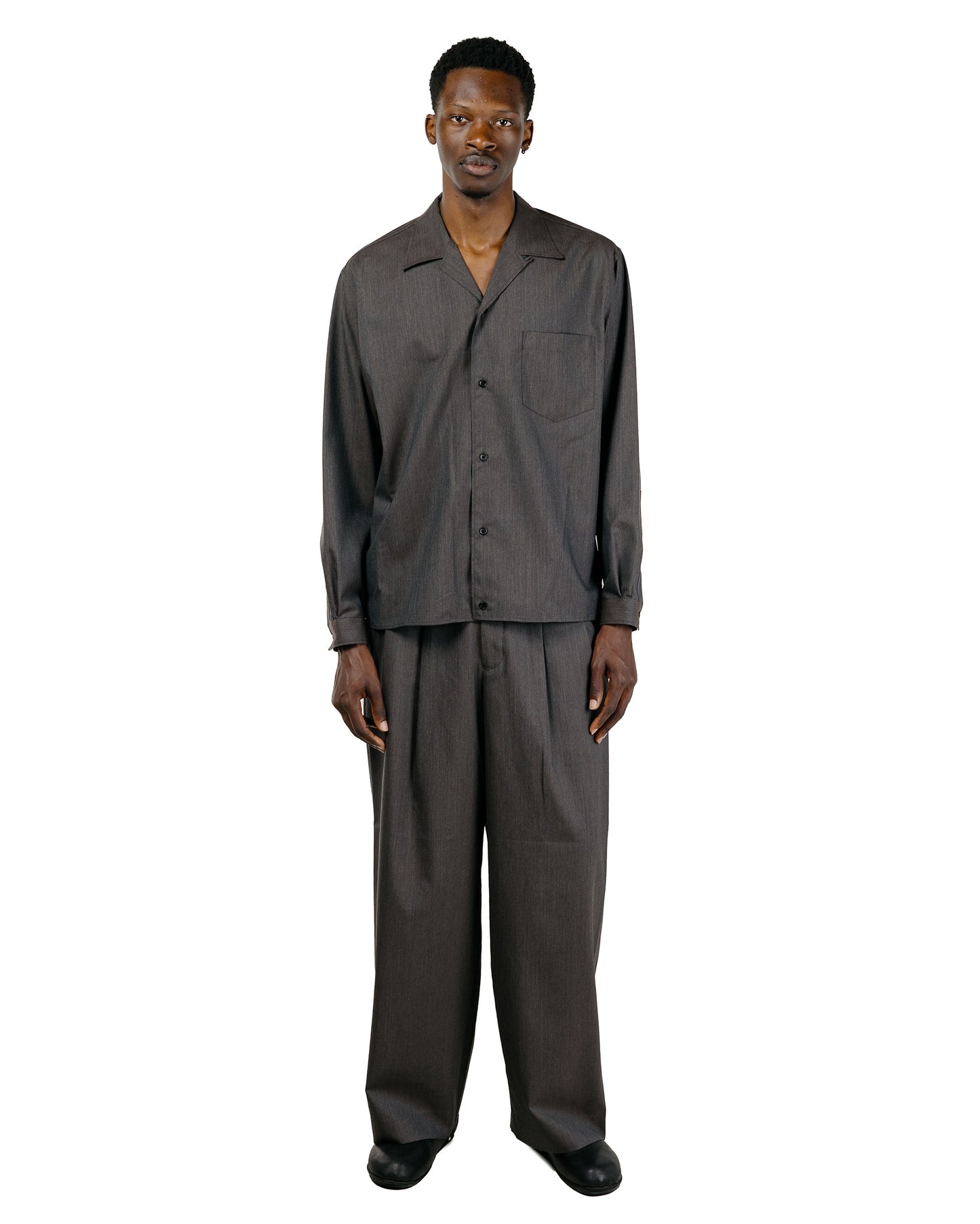 marka 2/60 Wool Tropical Melange Open Collar L/S Shirt With Hem Tab Brown Gray