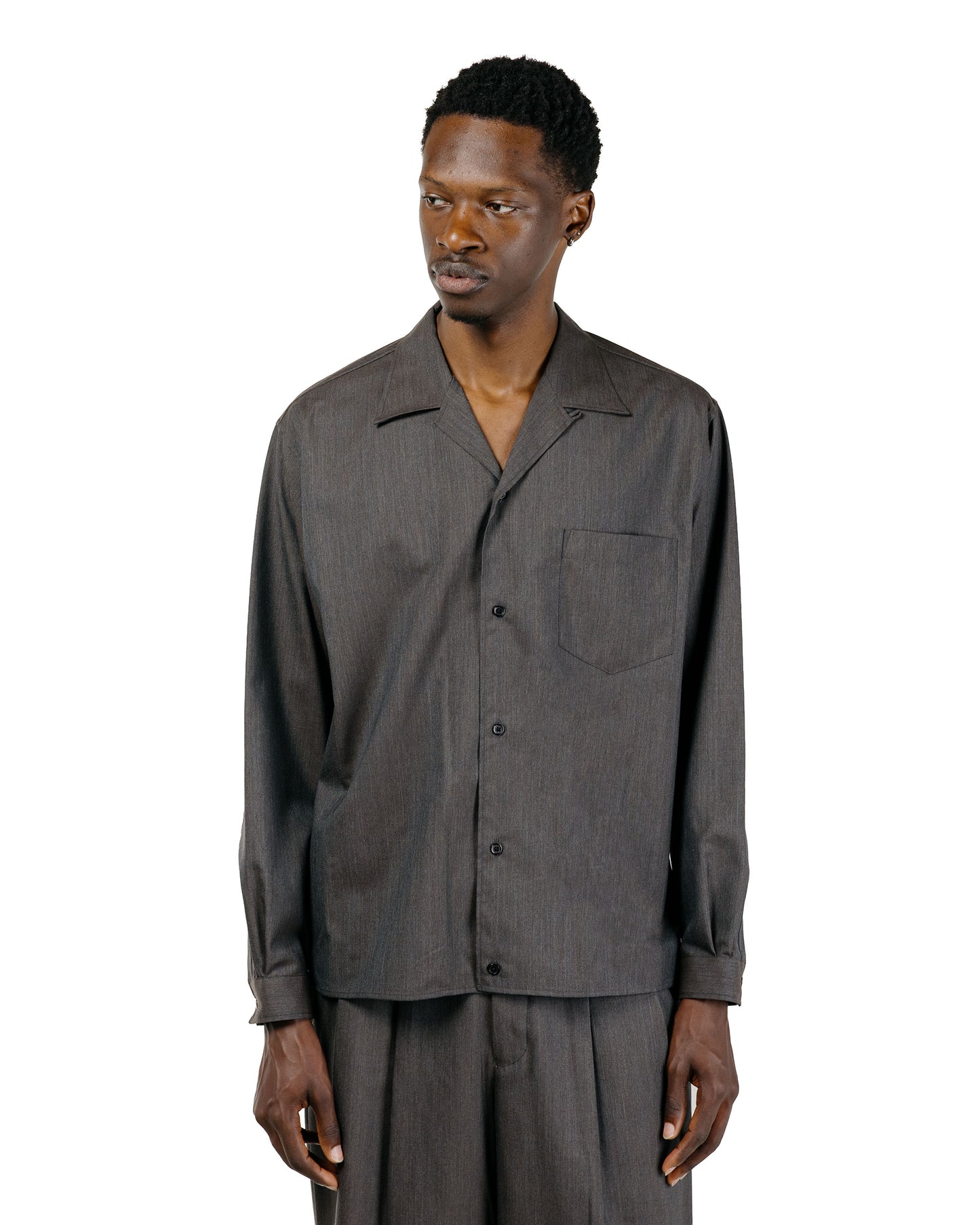 marka 2/60 Wool Tropical Melange Open Collar L/S Shirt With Hem Tab Brown Gray
