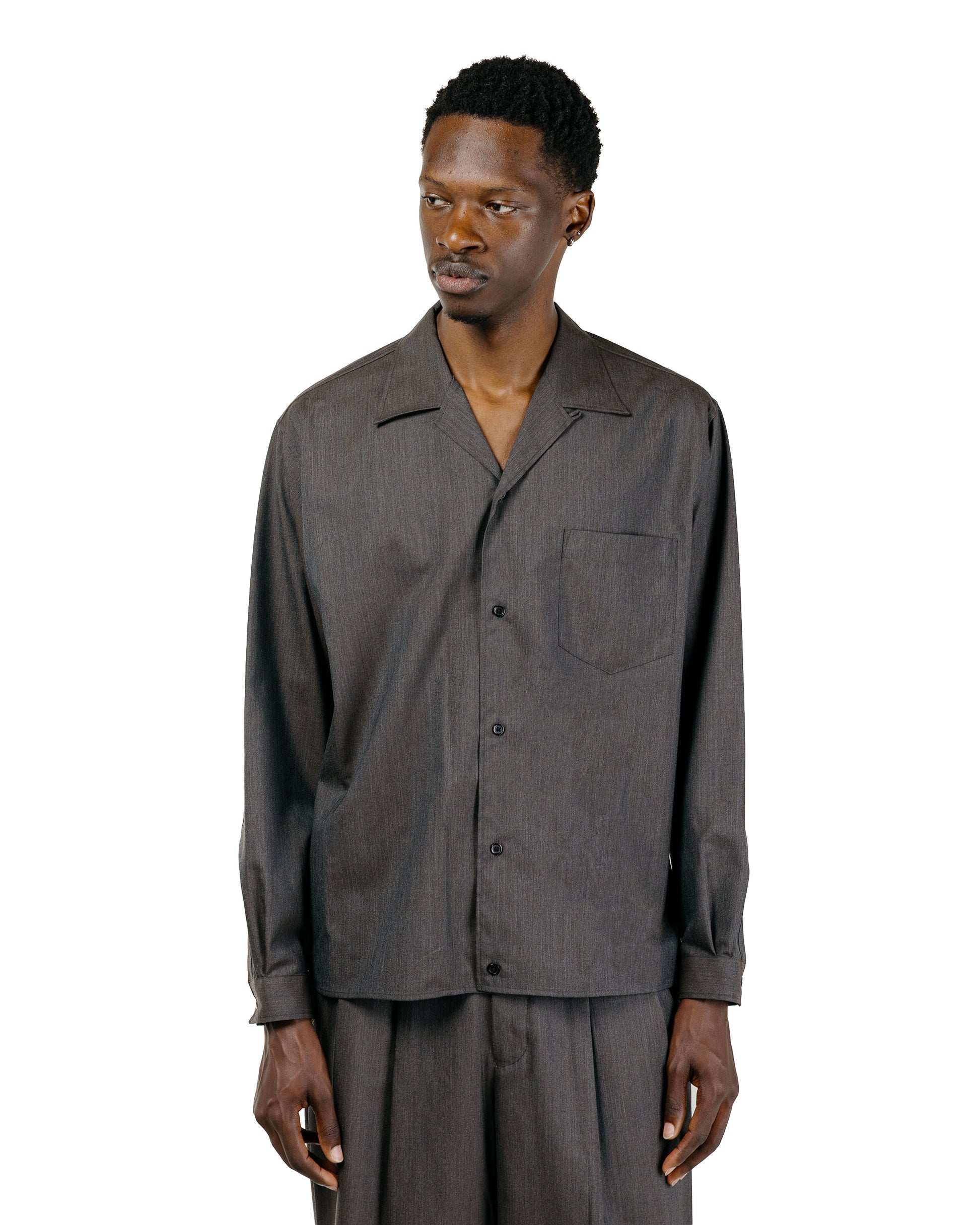 marka 2/60 Wool Tropical Melange Open Collar L/S Shirt With Hem Tab Brown Gray