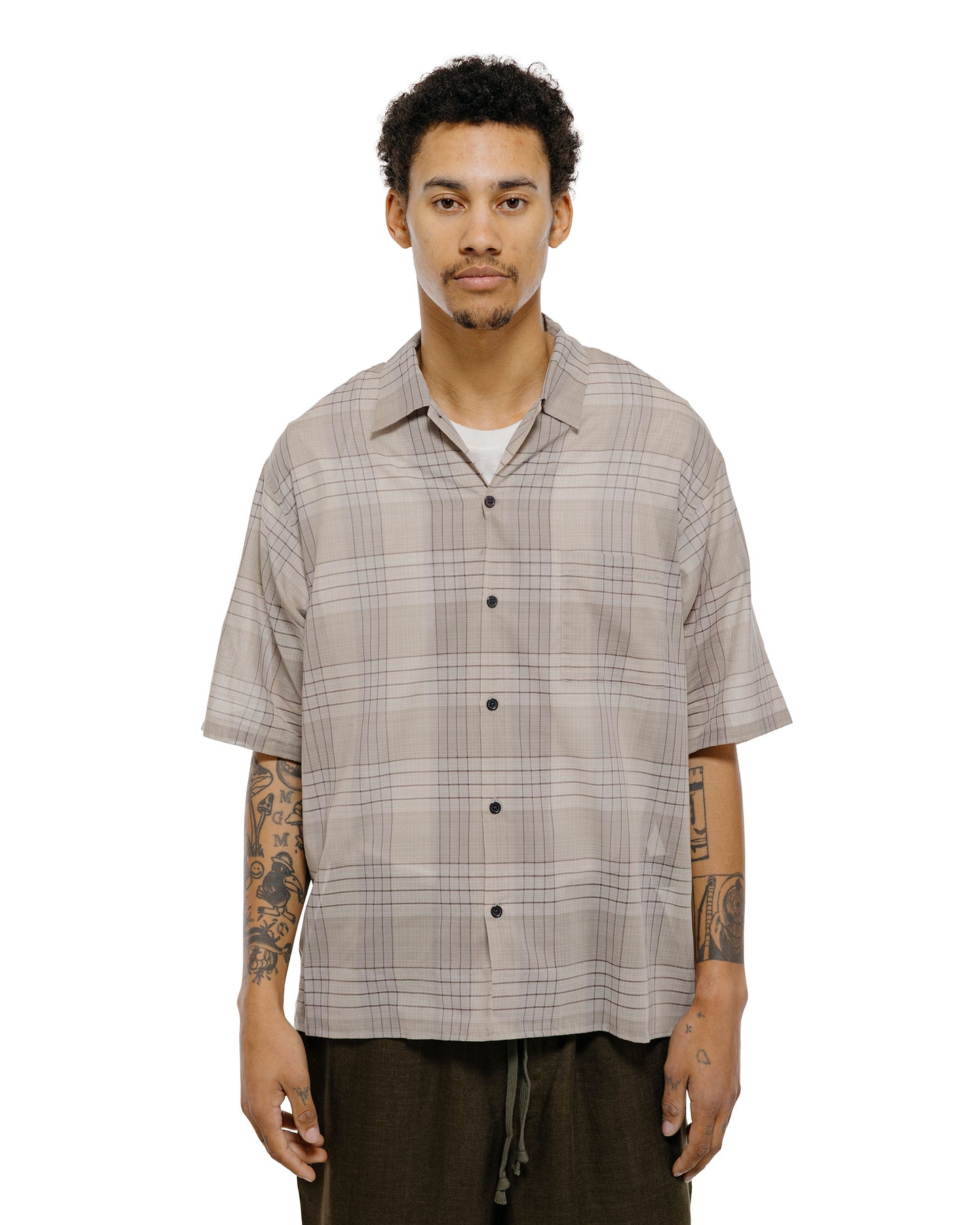 lost & found MARKAWARE marka Open Collar S/S Shirt Organic Cotton High Twisted Loan Sage Check