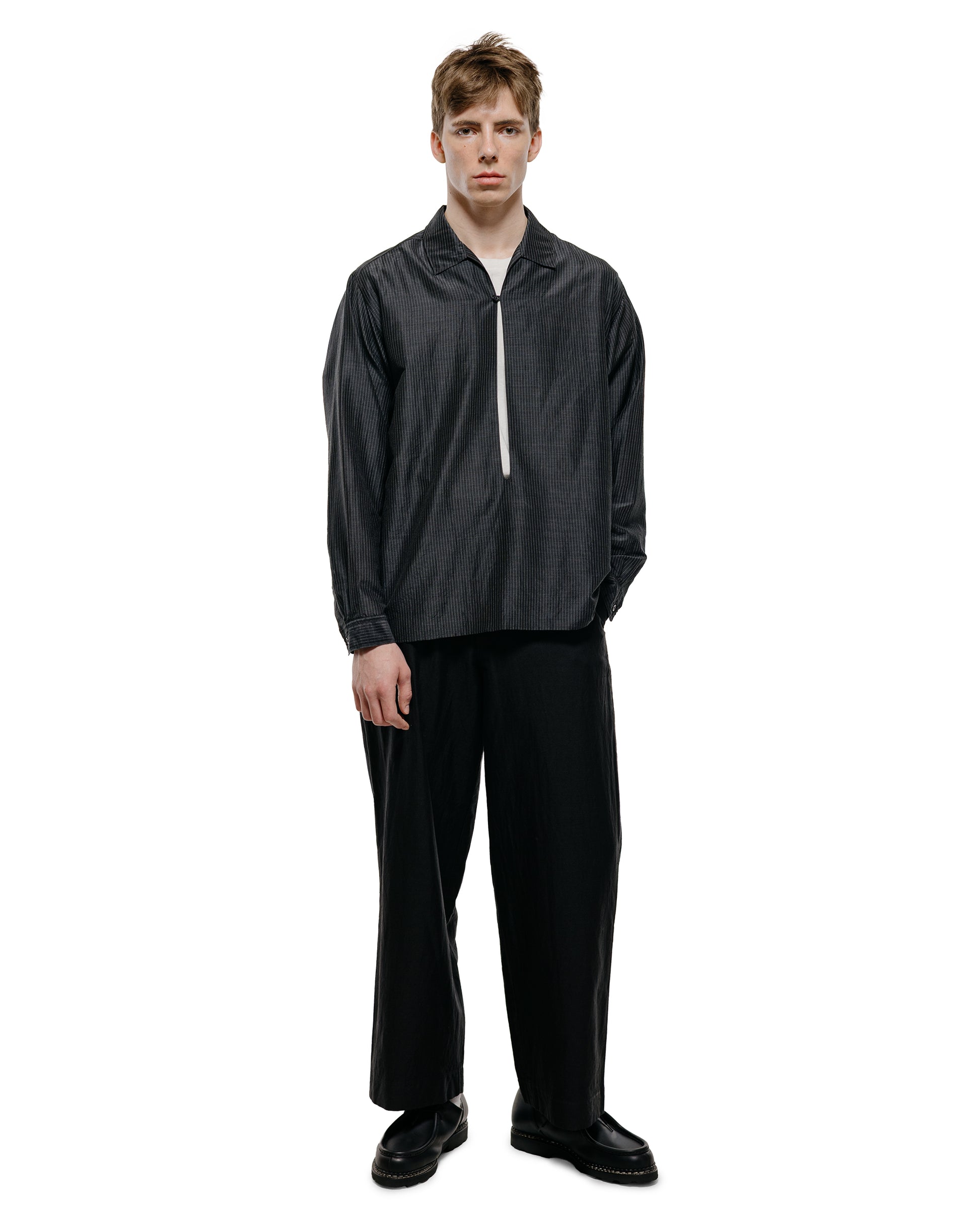 lost & found MARKAWARE marka Skipper Shirt Wool Silk Feather Cloth Charcoal Stripe