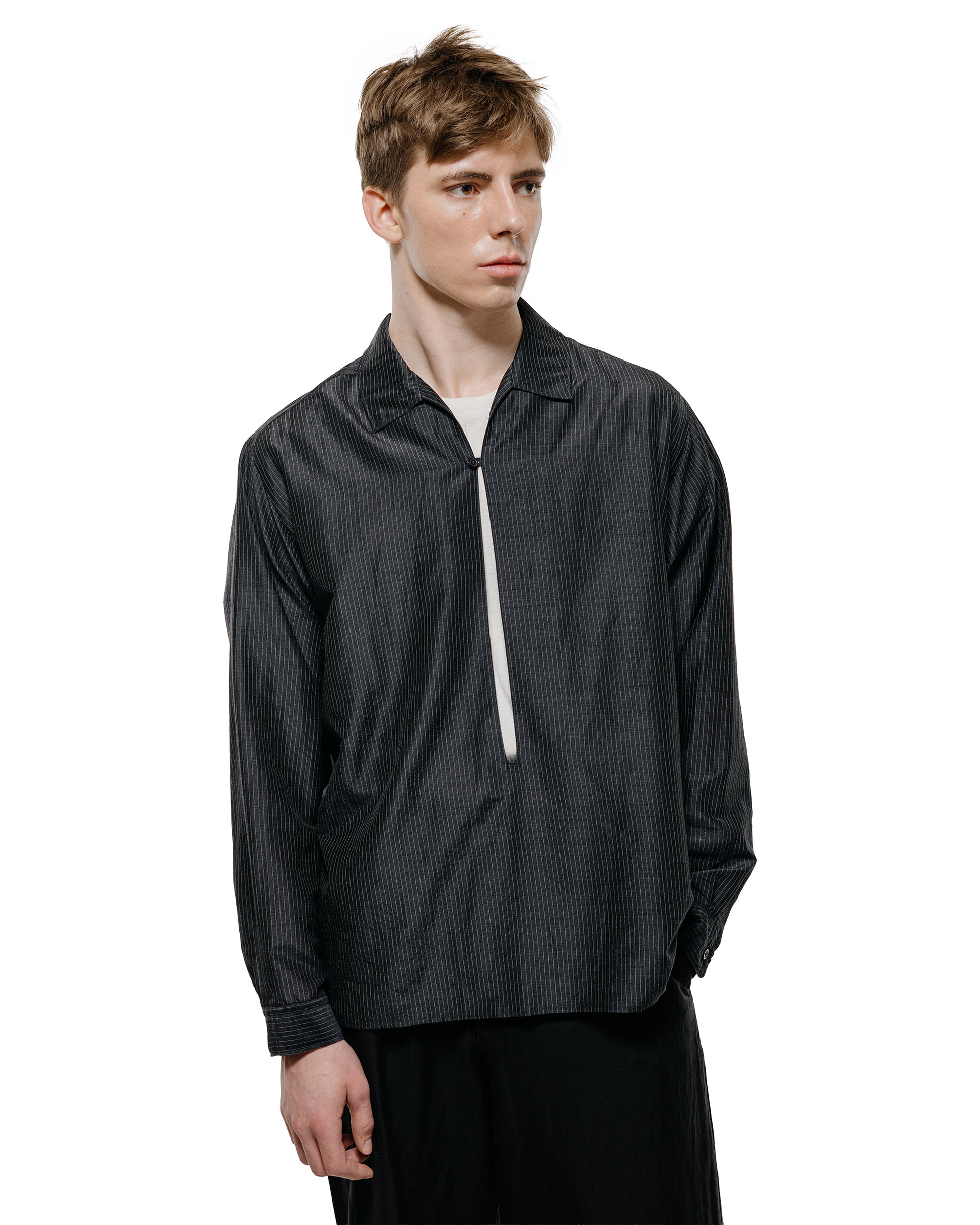lost & found MARKAWARE marka Skipper Shirt Wool Silk Feather Cloth Charcoal Stripe