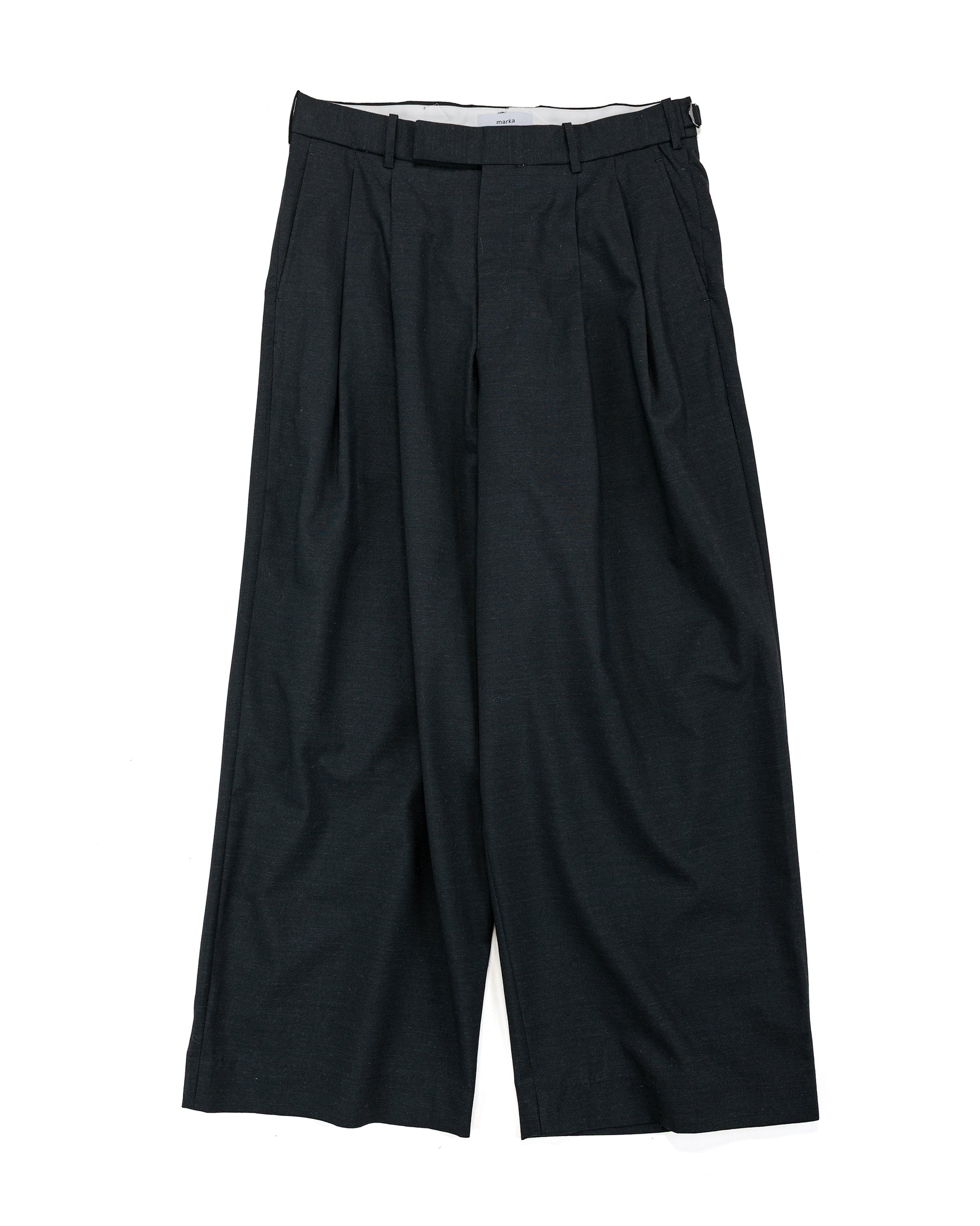 lost & found MARKAWARE marka Two Tuck Baggy Trousers 2/72 Wool Tropical Washer Chambray Black