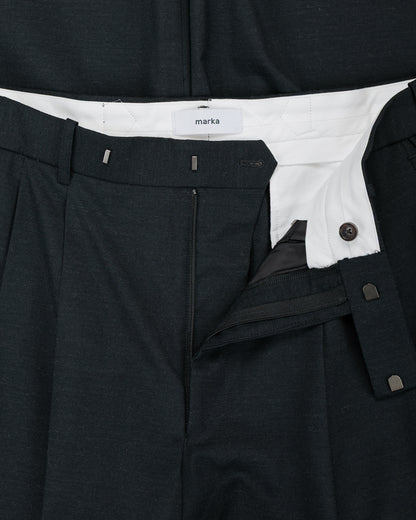 lost & found MARKAWARE marka Two Tuck Baggy Trousers 2/72 Wool Tropical Washer Chambray Black