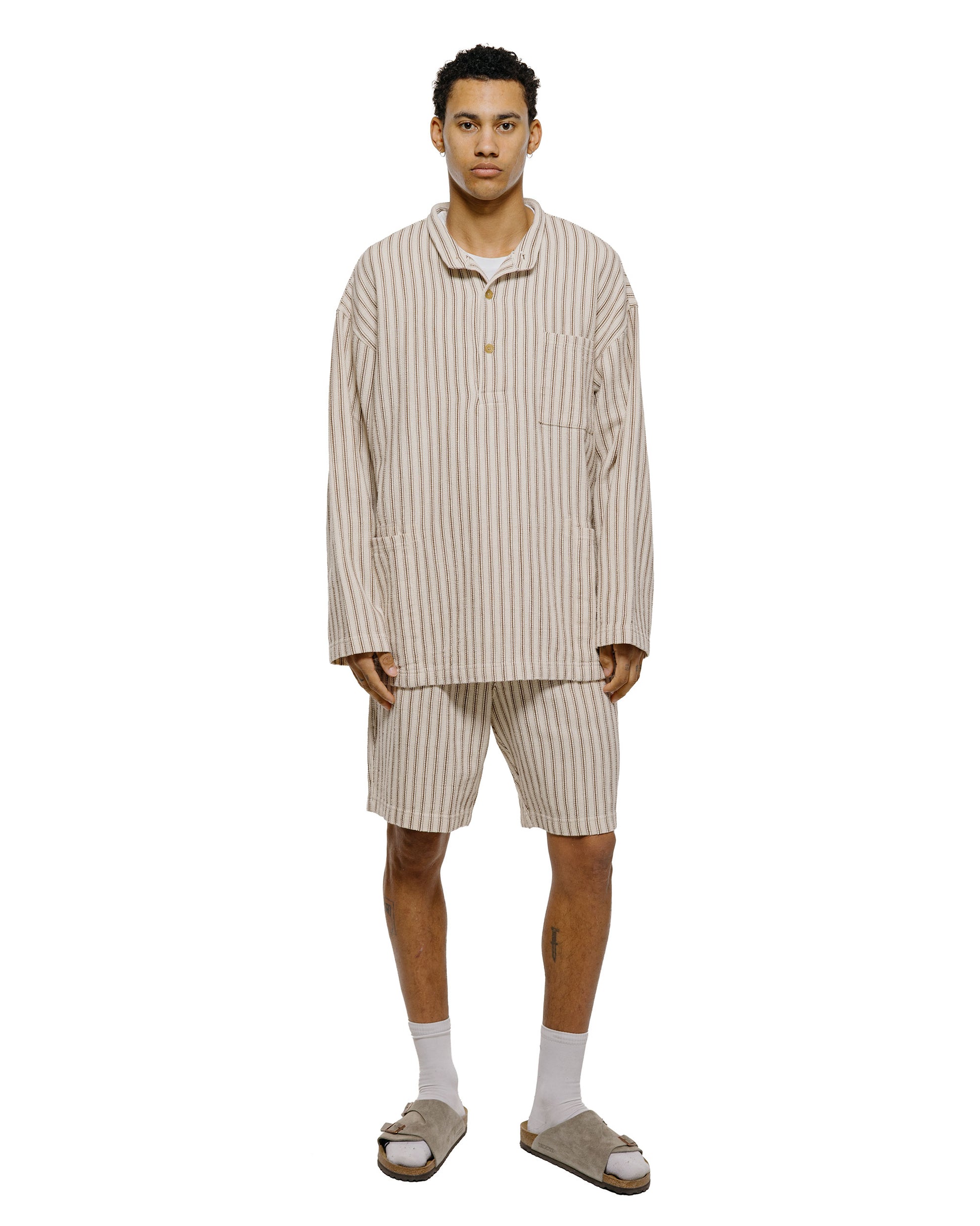lost & found tss ts(s) Pullover Work Shirt Jacket Rustic Stripe Cotton Mesh Cloth Brown