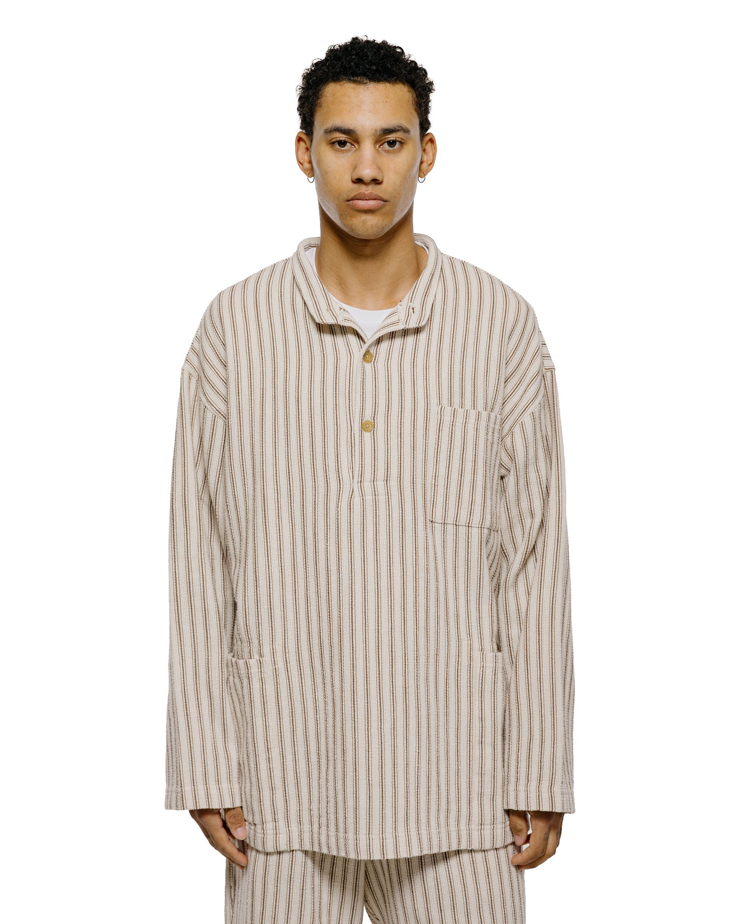 lost & found tss ts(s) Pullover Work Shirt Jacket Rustic Stripe Cotton Mesh Cloth Brown