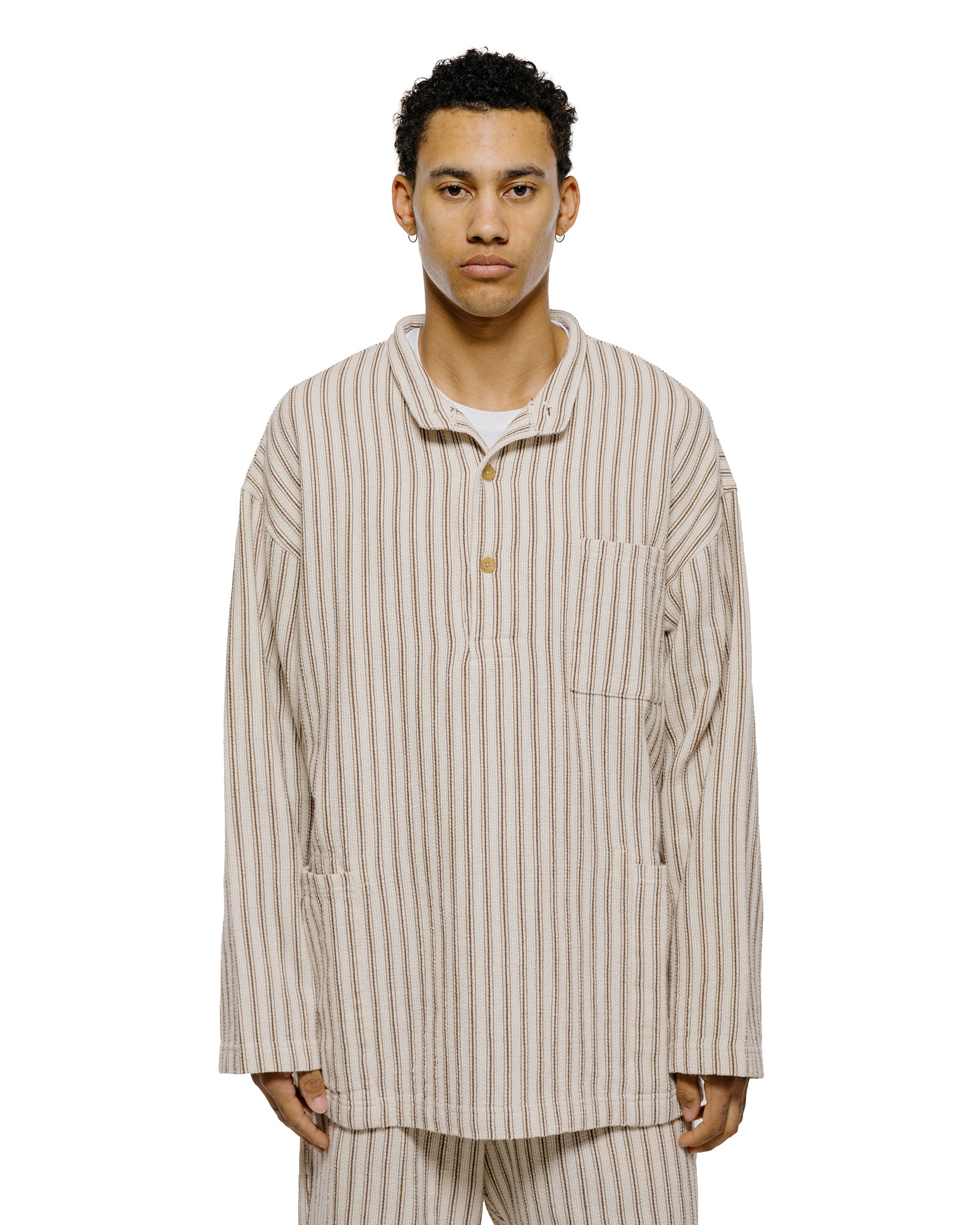 lost & found tss ts(s) Pullover Work Shirt Jacket Rustic Stripe Cotton Mesh Cloth Brown