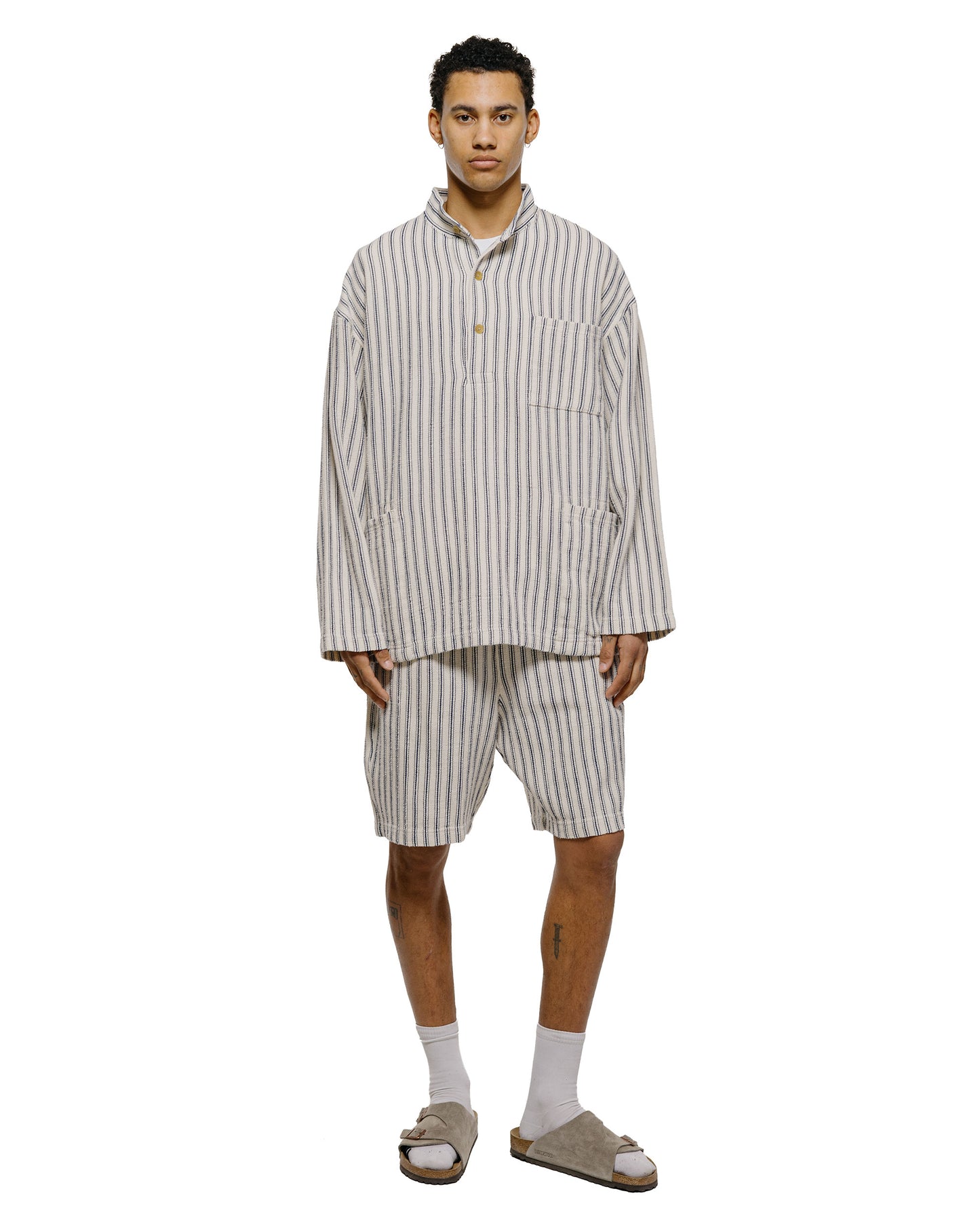 lost & found tss ts(s) Pullover Work Shirt Jacket Rustic Stripe Cotton Mesh Cloth Navy