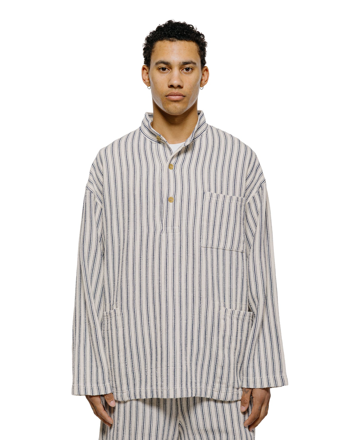 lost & found tss ts(s) Pullover Work Shirt Jacket Rustic Stripe Cotton Mesh Cloth Navy