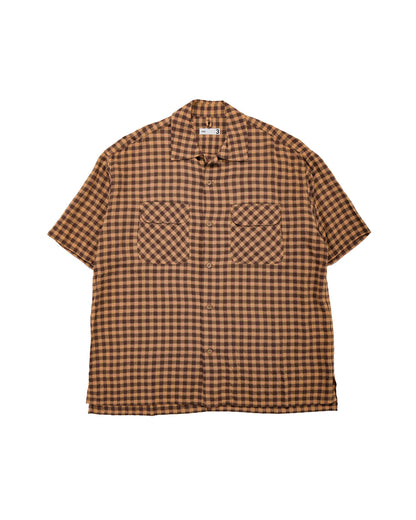 lost & found tss ts(s) Round Flap Pocket Short Sleeve Shirt Gingham Plaid Viscose/Nylon Crinkle Cloth Brown