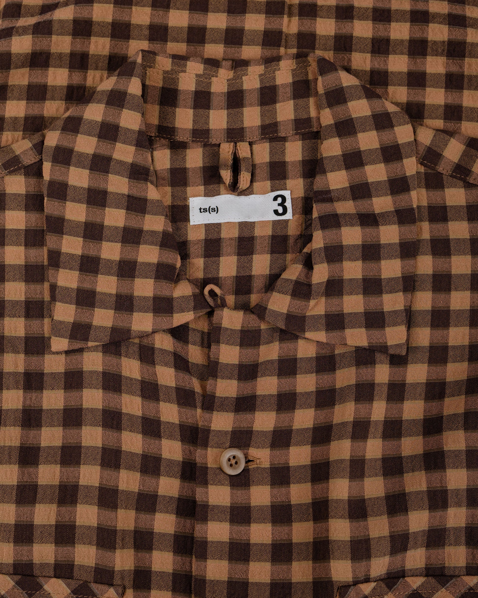 lost & found tss ts(s) Round Flap Pocket Short Sleeve Shirt Gingham Plaid Viscose/Nylon Crinkle Cloth Brown