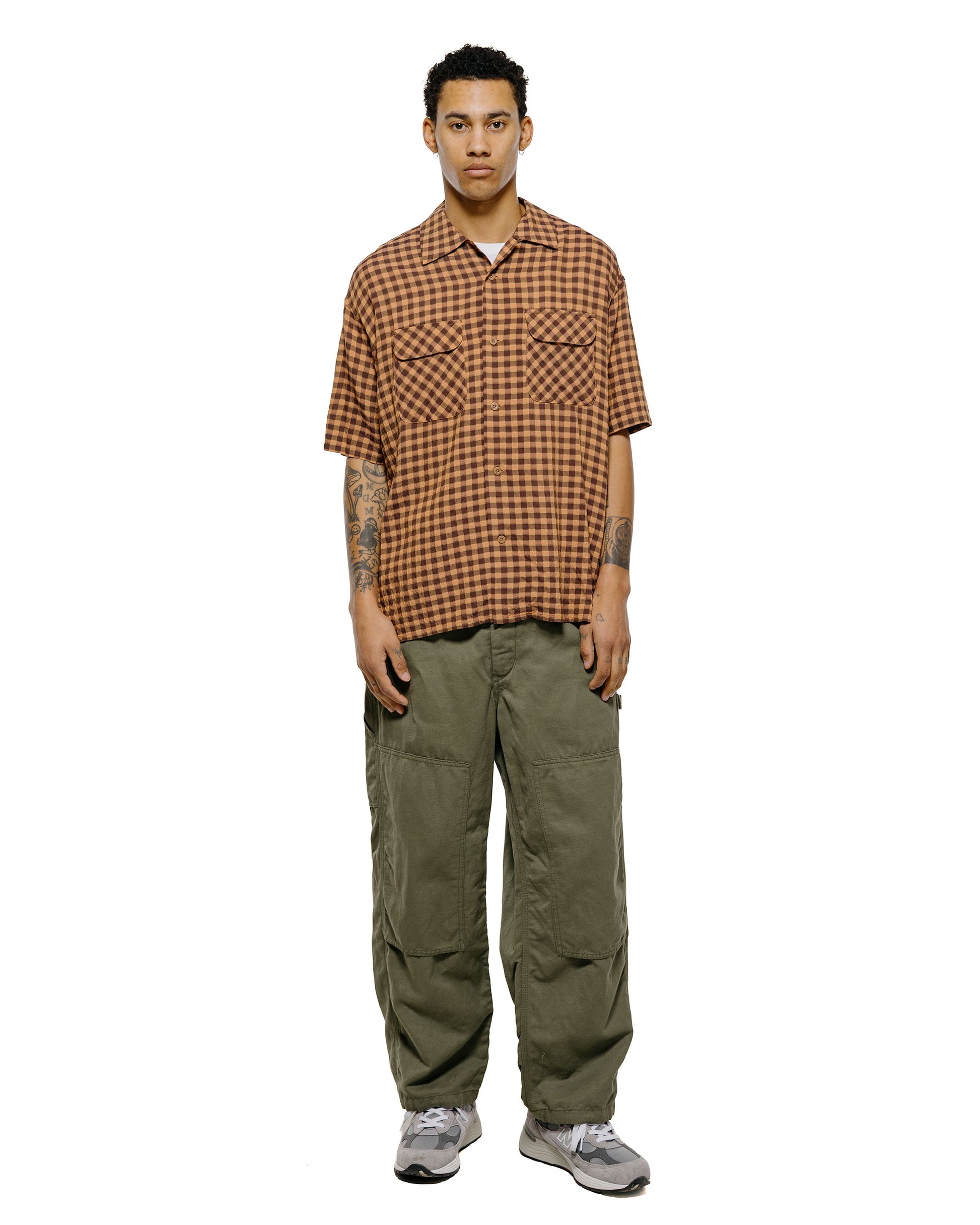 lost & found tss ts(s) Round Flap Pocket Short Sleeve Shirt Gingham Plaid Viscose/Nylon Crinkle Cloth Brown