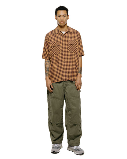 lost & found tss ts(s) Round Flap Pocket Short Sleeve Shirt Gingham Plaid Viscose/Nylon Crinkle Cloth Brown