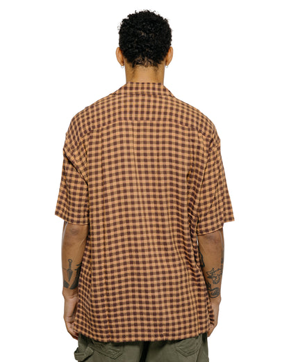 lost & found tss ts(s) Round Flap Pocket Short Sleeve Shirt Gingham Plaid Viscose/Nylon Crinkle Cloth Brown