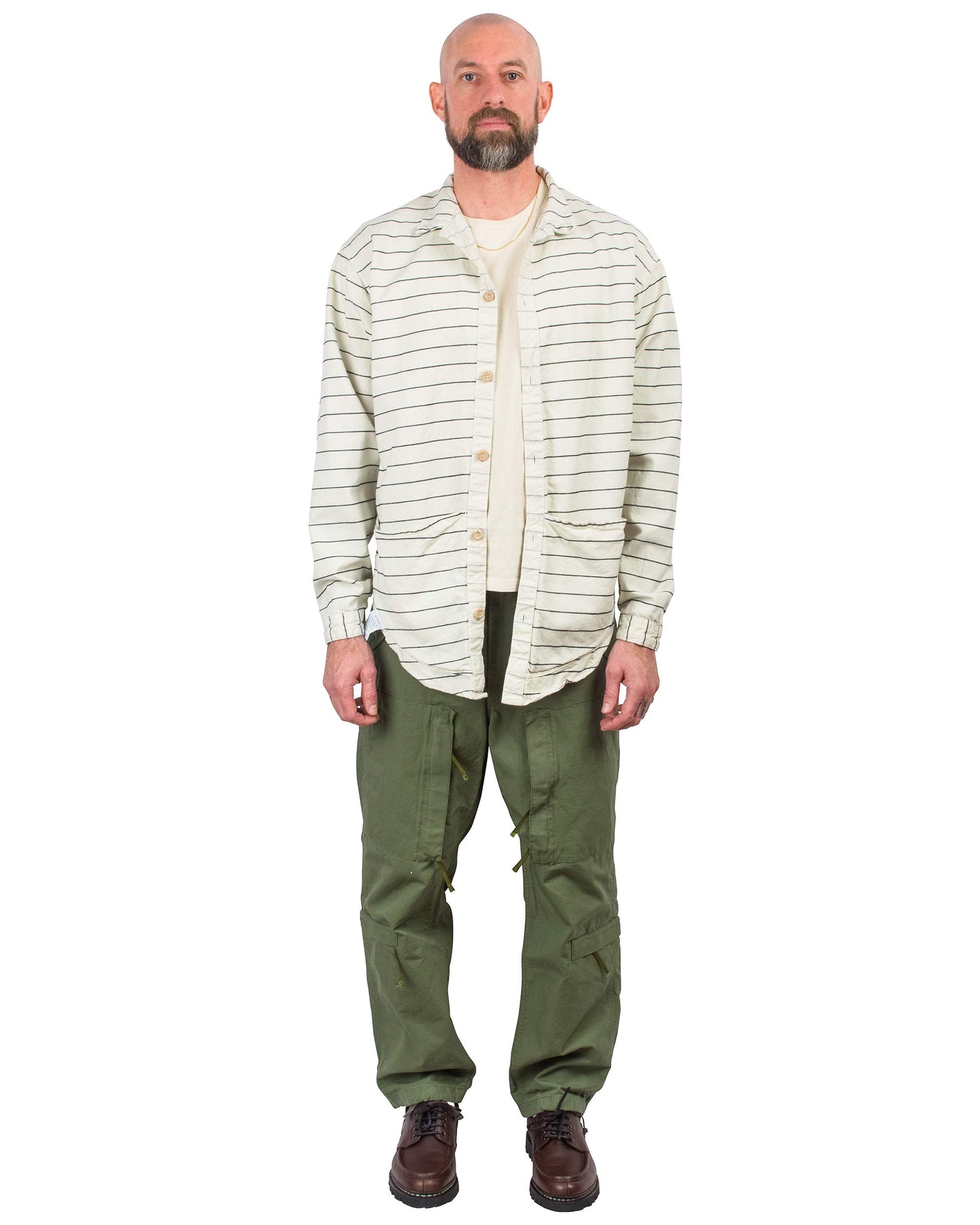 lost & found Tender Tender Type 441 Compass Pocket Shirt Inverse Butcher's Stripe Cotton Twill Rinsed Ecru