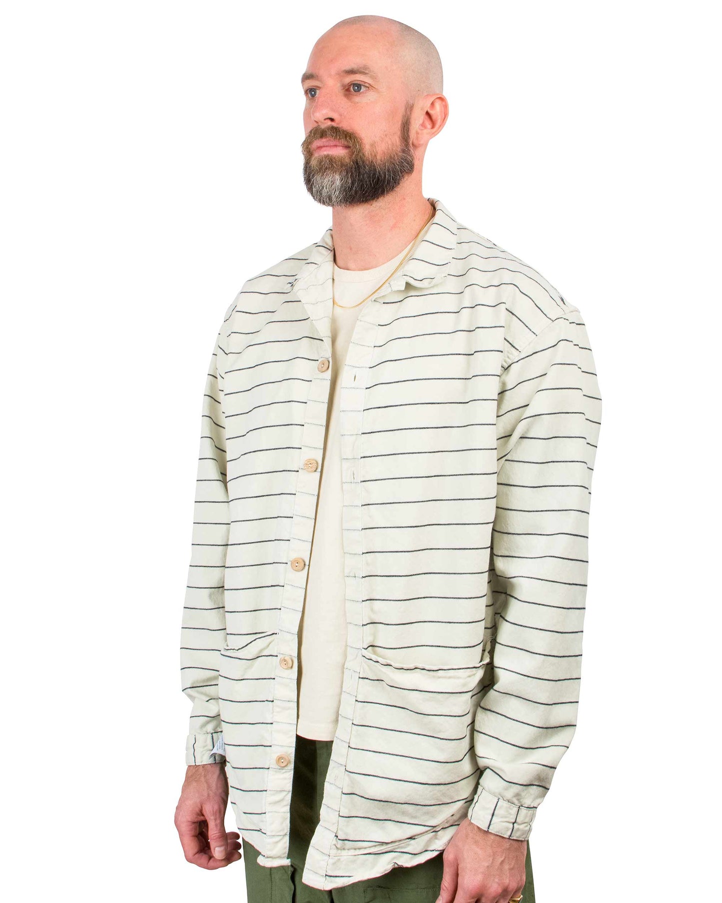 lost & found Tender Tender Type 441 Compass Pocket Shirt Inverse Butcher's Stripe Cotton Twill Rinsed Ecru