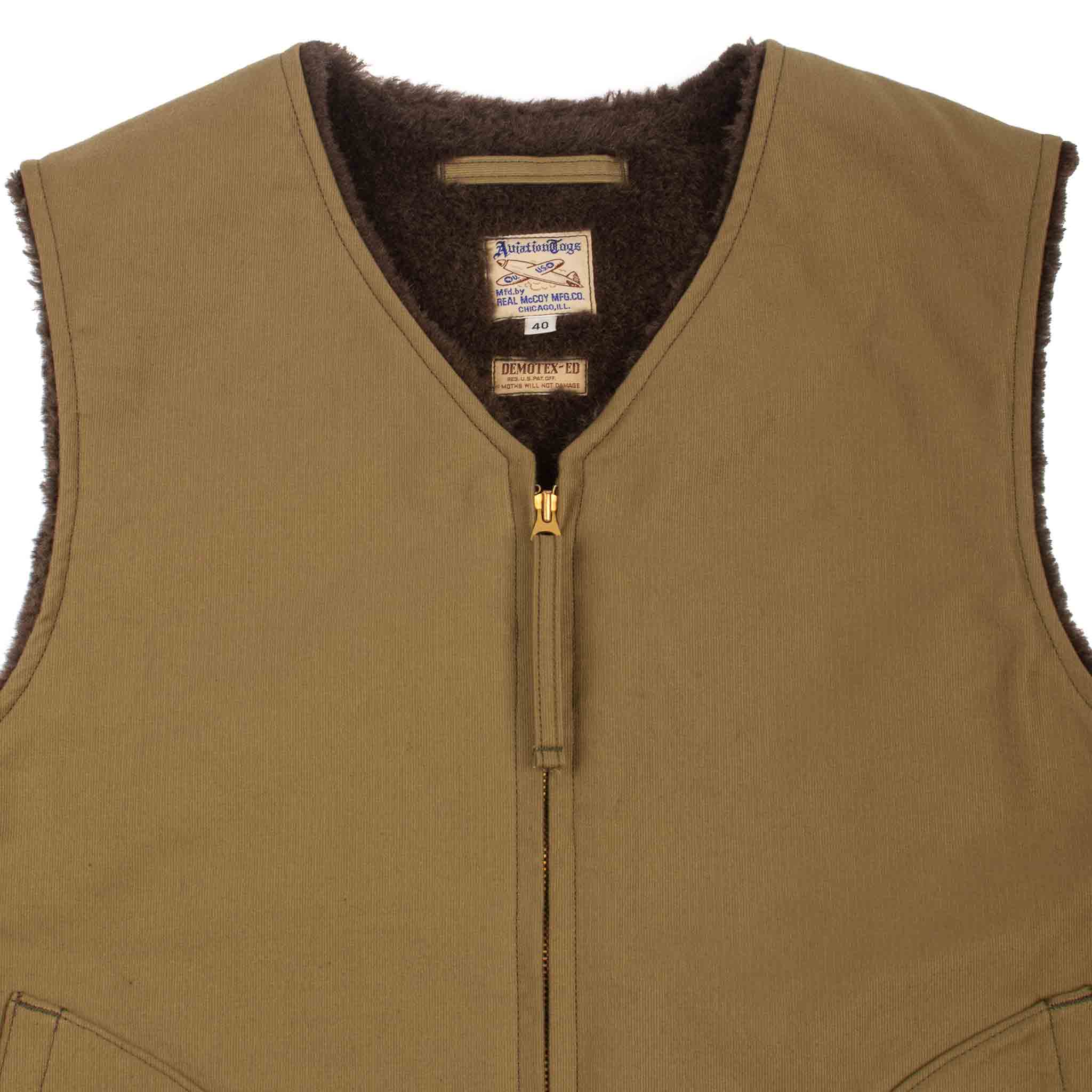 The Real McCoy's MJ19105 Vest, Alpaca, Pile-Lined Khaki Detail